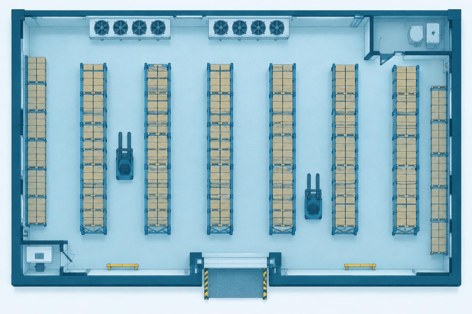 Top-down floor plan of a cold store showing pallet racking rows, aisles and a loading door