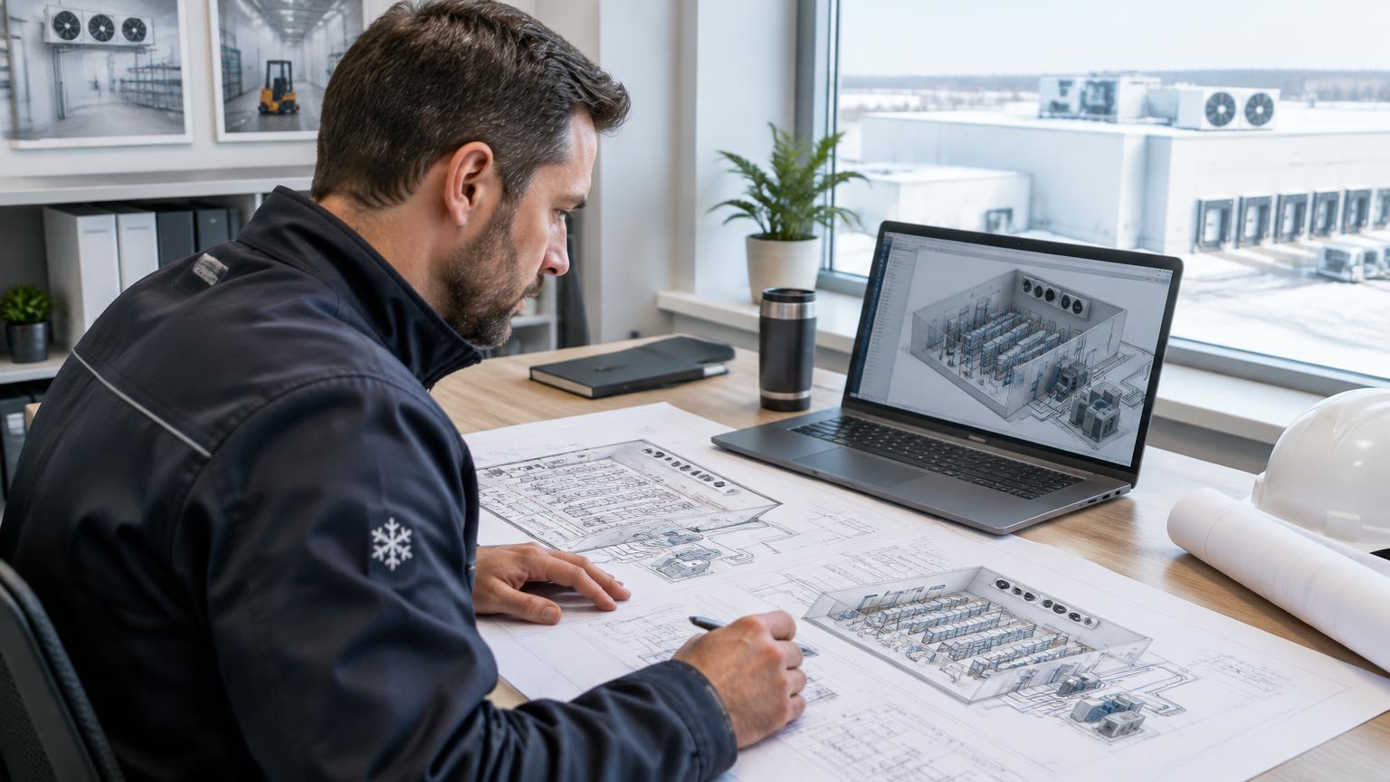 Refrigeration specialist reviewing a cold storage project brief and drawings at a desk.