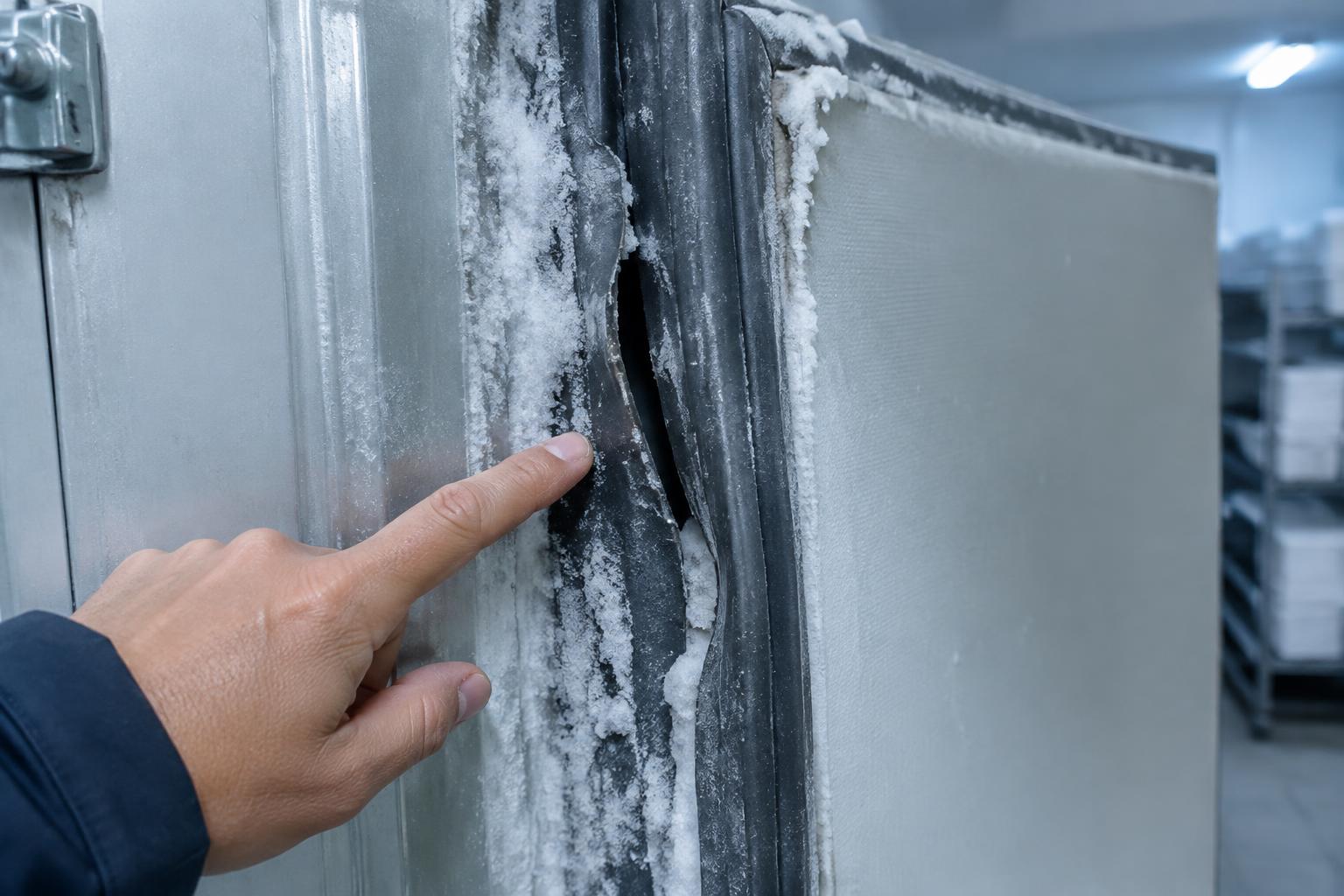 Damaged and frosted cold room door seal with a finger pointing at the gap