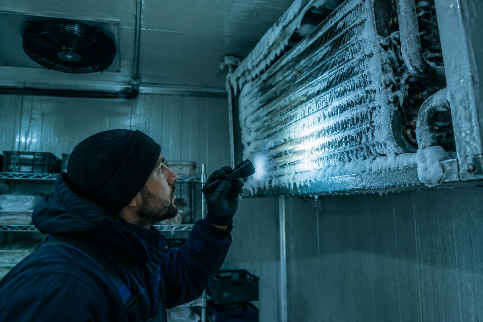 Refrigeration technician inspecting an iced-up evaporator coil with a flashlight