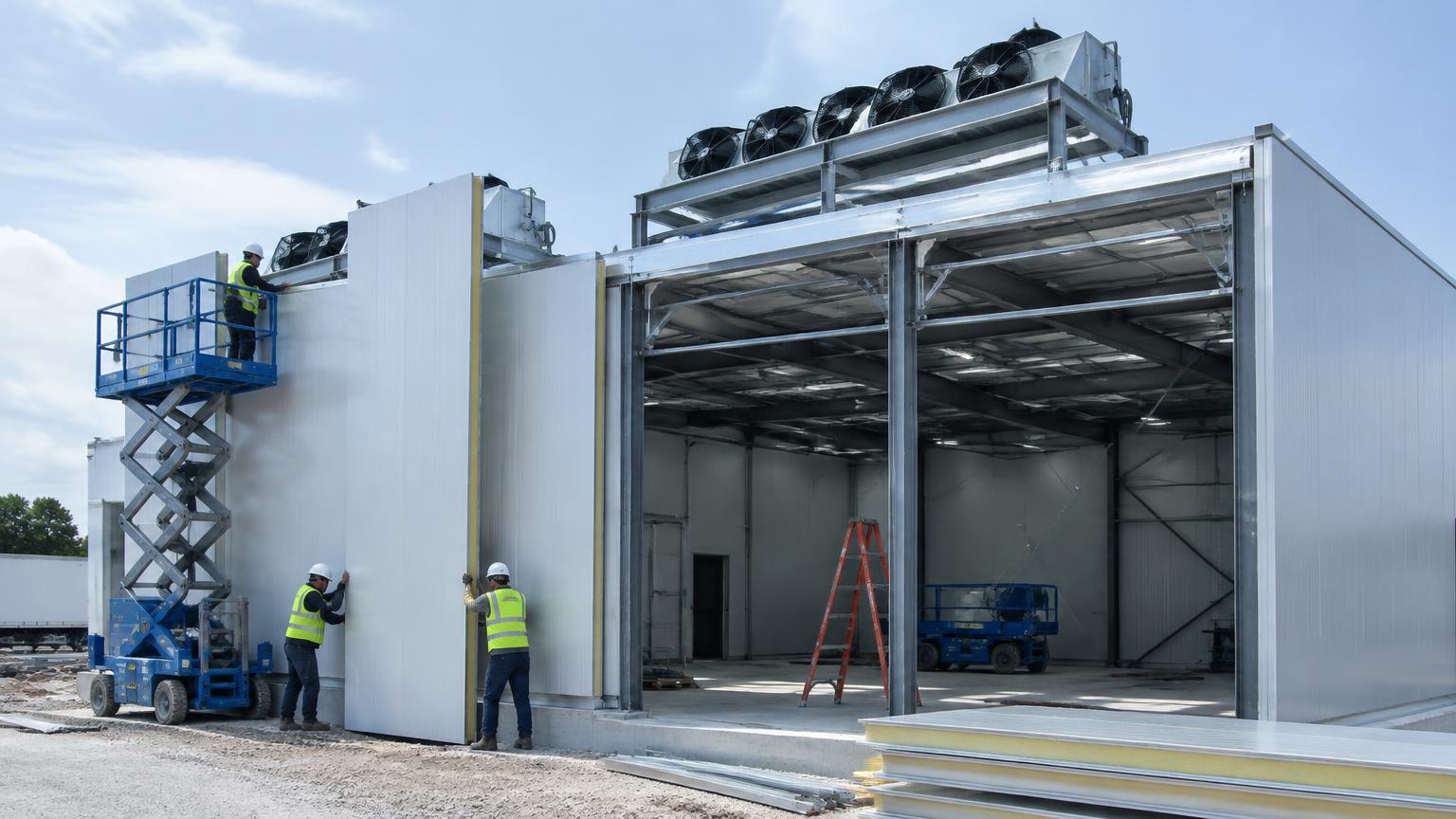 Construction of an insulated cold storage building with sandwich panels and refrigeration roof units