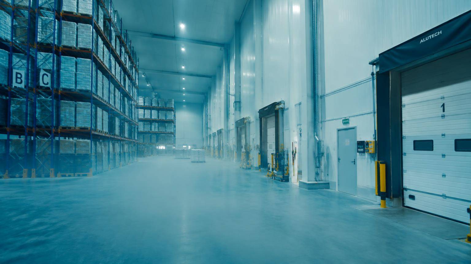 Cold storage warehouse interior with racking and temperature-controlled loading area