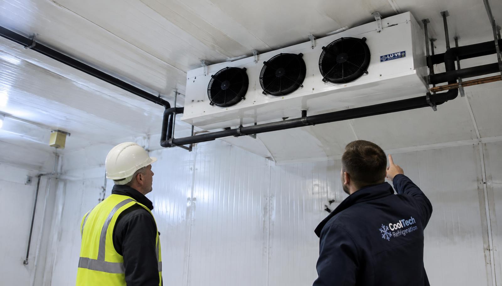 Close view of insulated cold-room panels where refrigeration pipes and electrical conduit pass through sealed penetrations above an industrial insulated door.