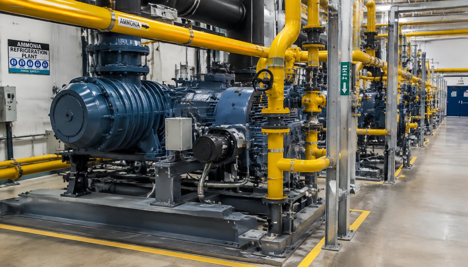 Industrial cold-storage refrigeration plant room with insulated pipework, compressor packages and a technician inspecting a control panel.