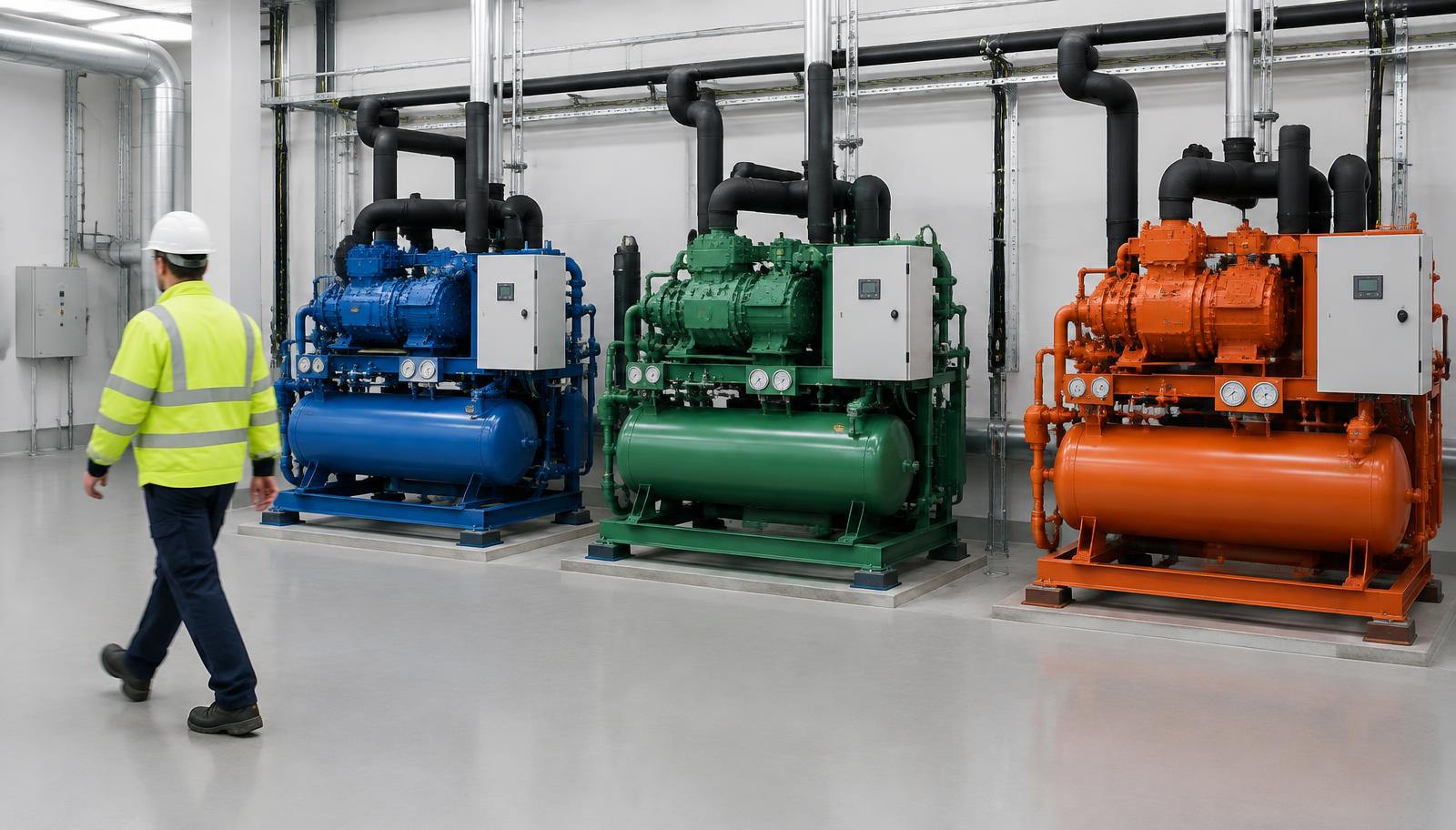 Refrigeration engineer inspecting ceiling-mounted evaporators and insulated pipework inside a pallet storage cold room.