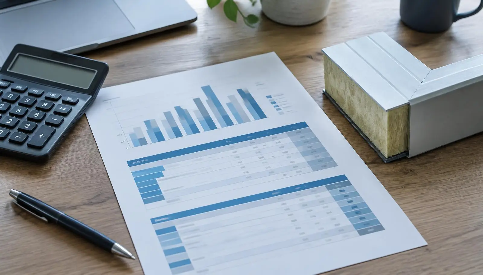 Financial charts, calculator, pen, and an insulated wall panel sample on a desk.