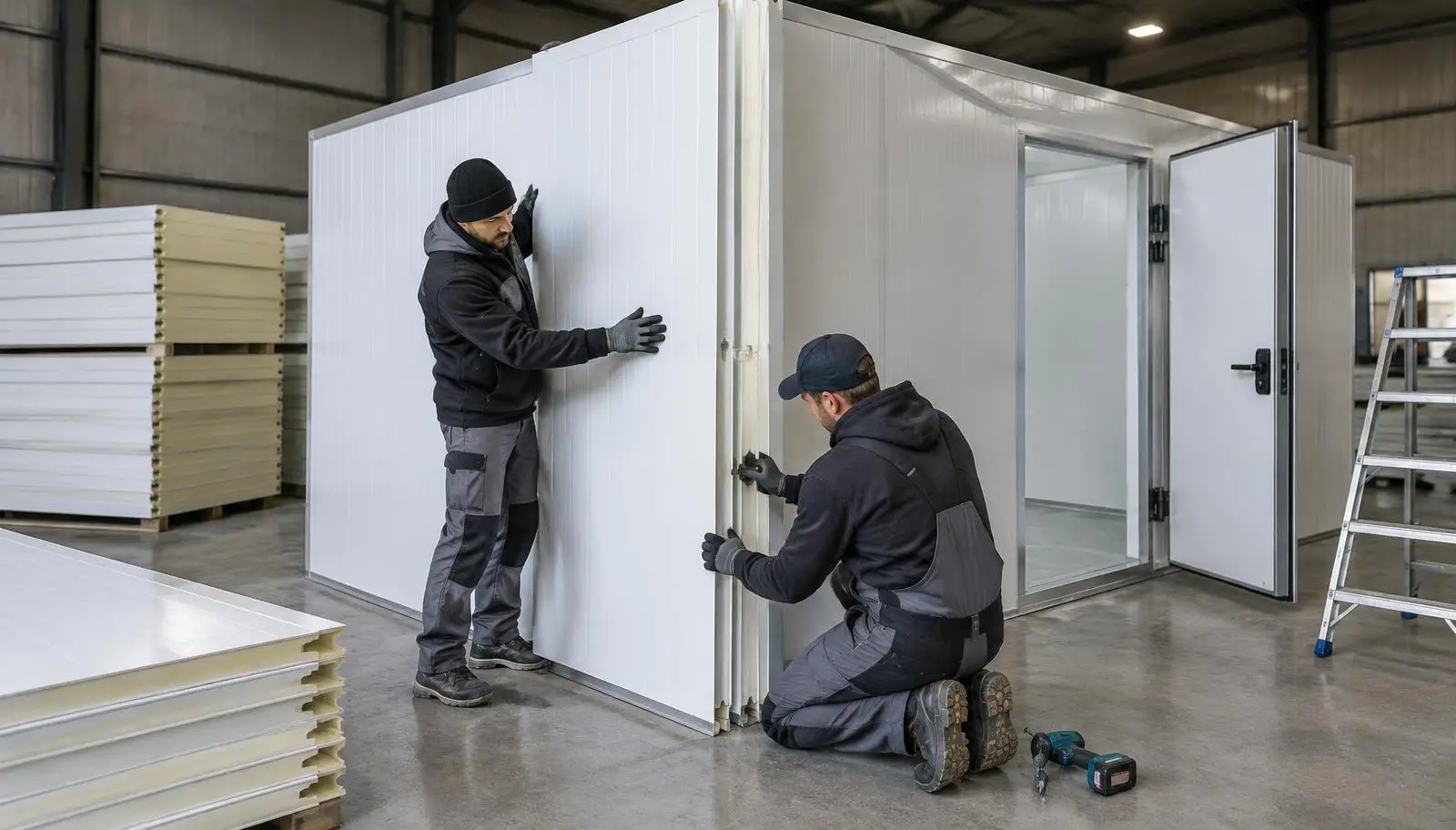 Two workers assemble a white modular cold room from insulated panels inside a warehouse.