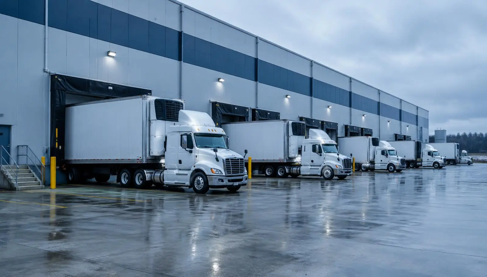White semi-trailer trucks backed up to loading docks of a large warehouse building.