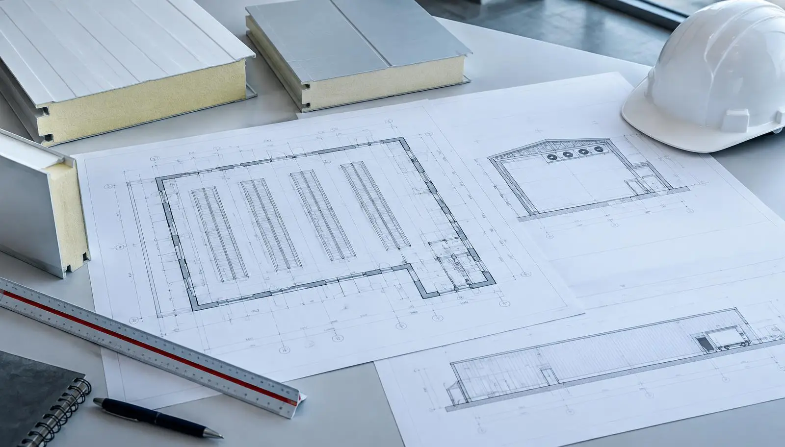 Insulated panels, building blueprints, and hard hat on desk with pen and ruler.