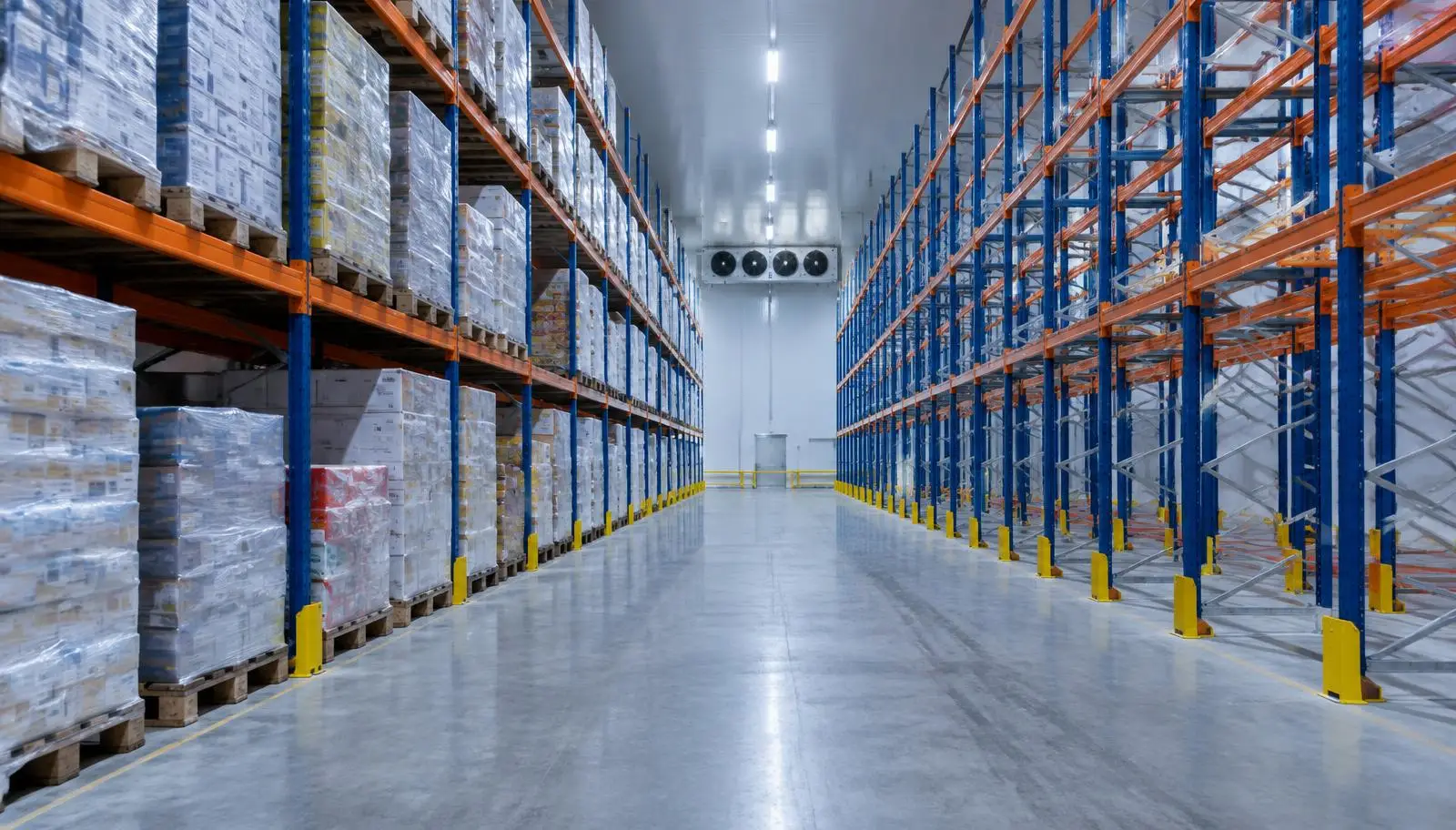 Cold storage warehouse interior with full and empty industrial shelving racks, and products on pallets.