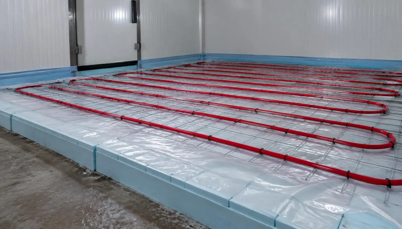 Red heating pipes laid on insulation and mesh during cold room floor construction.