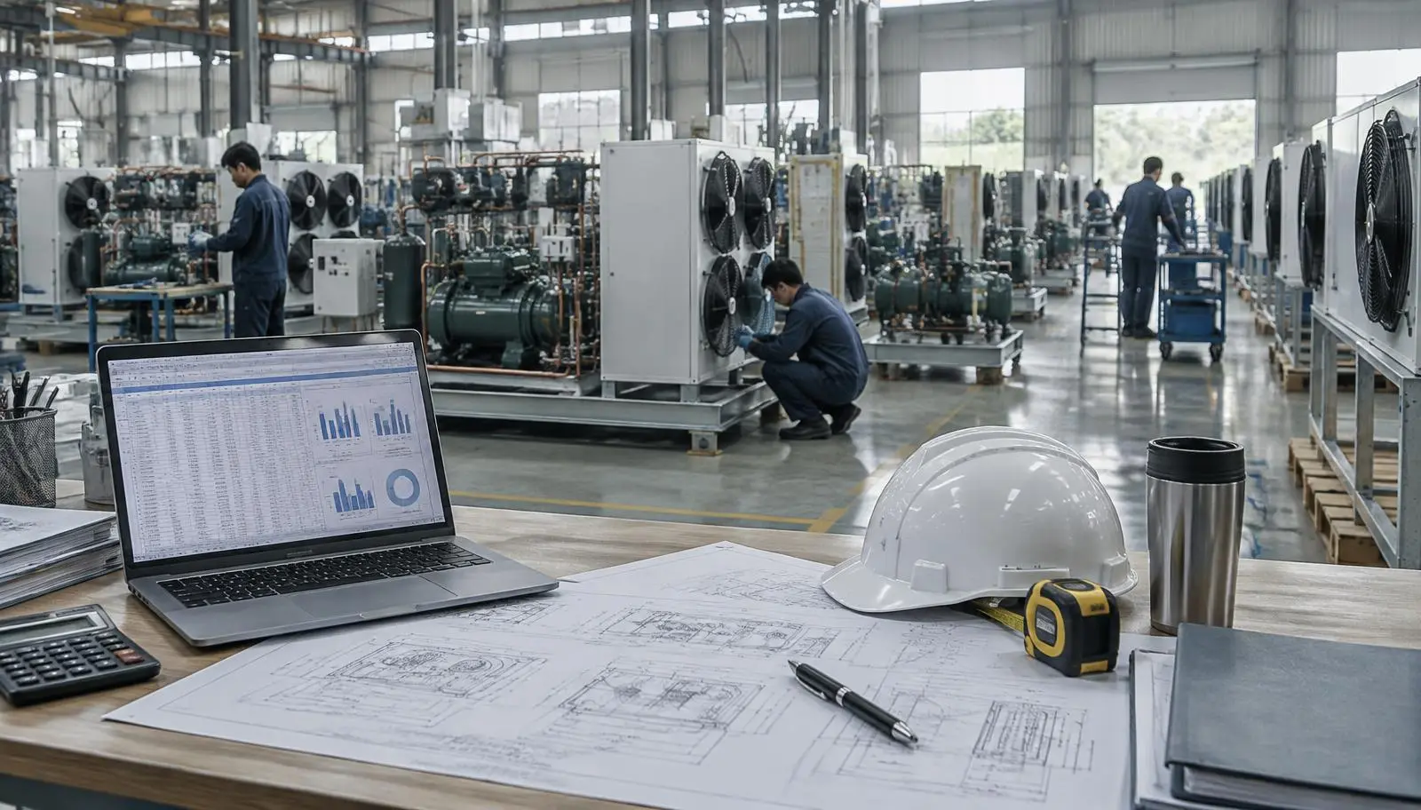 Procurement desk with laptop comparison spreadsheet, technical drawings and hard hat in front of an industrial refrigeration factory floor with compressor racks