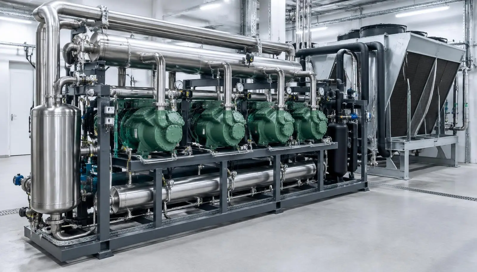 Industrial refrigeration system with multiple compressors, stainless steel pipes, and outdoor condenser.
