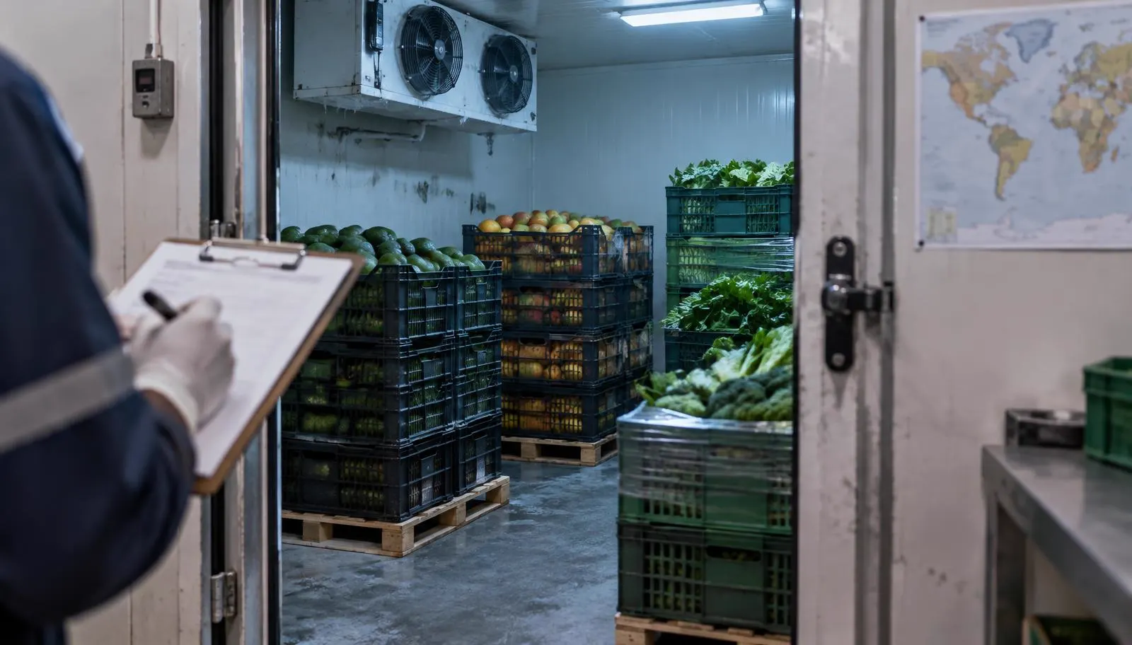 Small cold room at a fresh-produce packhouse with pallets of avocados, mangoes and leafy vegetables, seen through an open insulated door while a gloved hand fills in a checklist