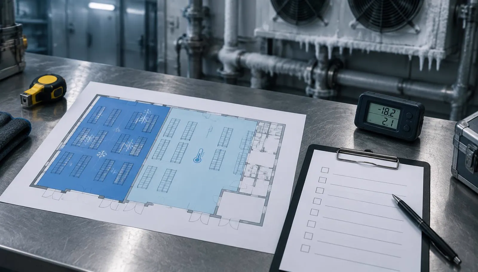 Cold-storage floor plan with frozen and chilled zones shaded in blue, a blank checklist and a temperature data logger on a steel desk in a refrigeration plant room