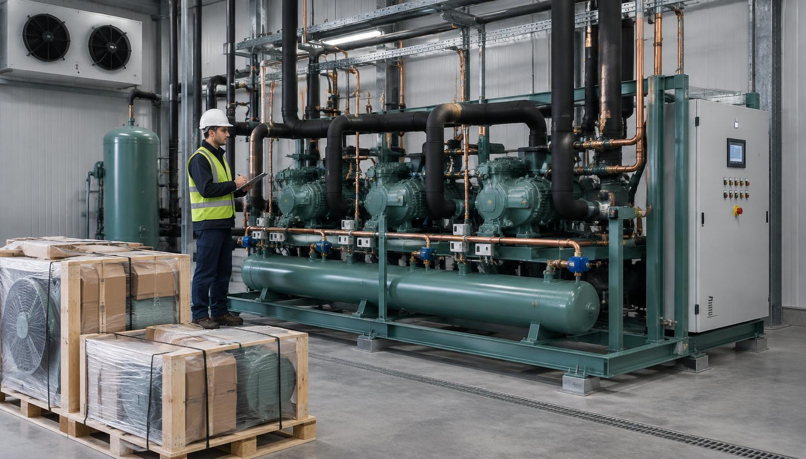 Engineer with clipboard inspecting a new industrial refrigeration compressor rack with insulated piping beside crated equipment just delivered to a cold storage site