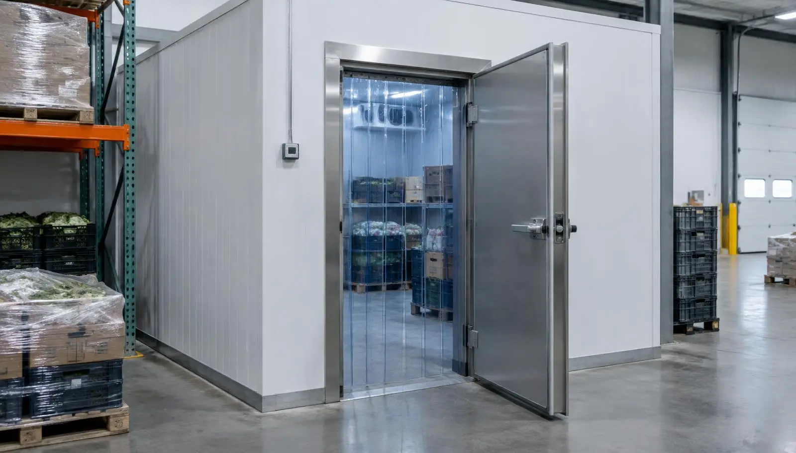 Cold room with open door and strip curtain inside, warehouse setting.