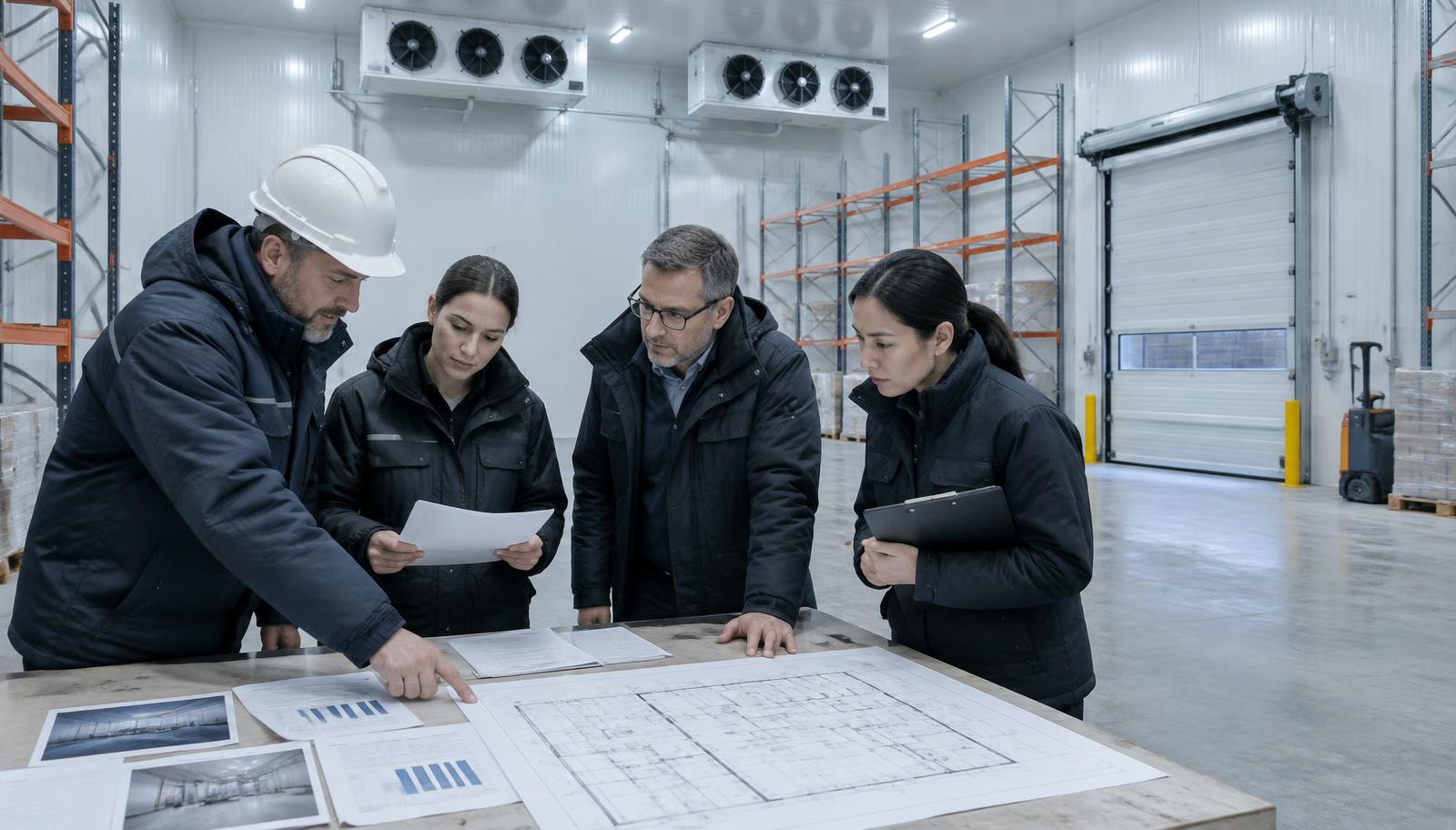 Project team reviewing a floor plan and printed supplier proposal comparisons inside a new insulated cold-storage warehouse with pallet racking and ceiling evaporators
