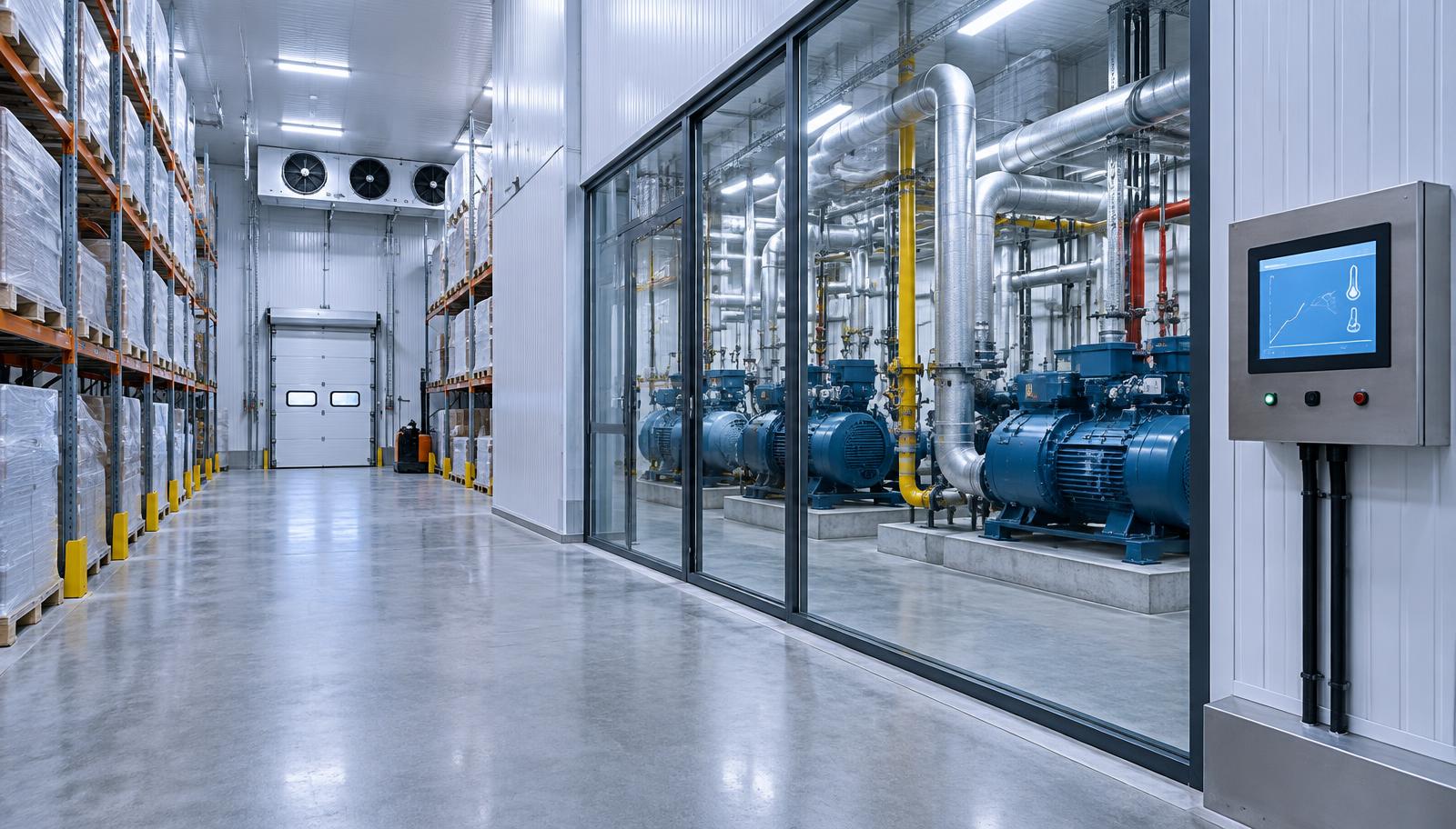 Industrial cold storage facility with insulated panels, pallet racking, refrigeration machinery room and temperature monitoring panel
