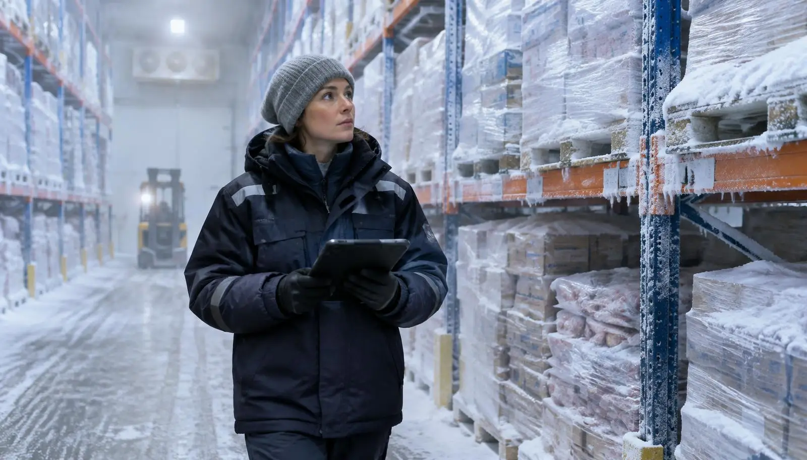 Woman in winter gear holding tablet in cold storage warehouse with frozen pallets.
