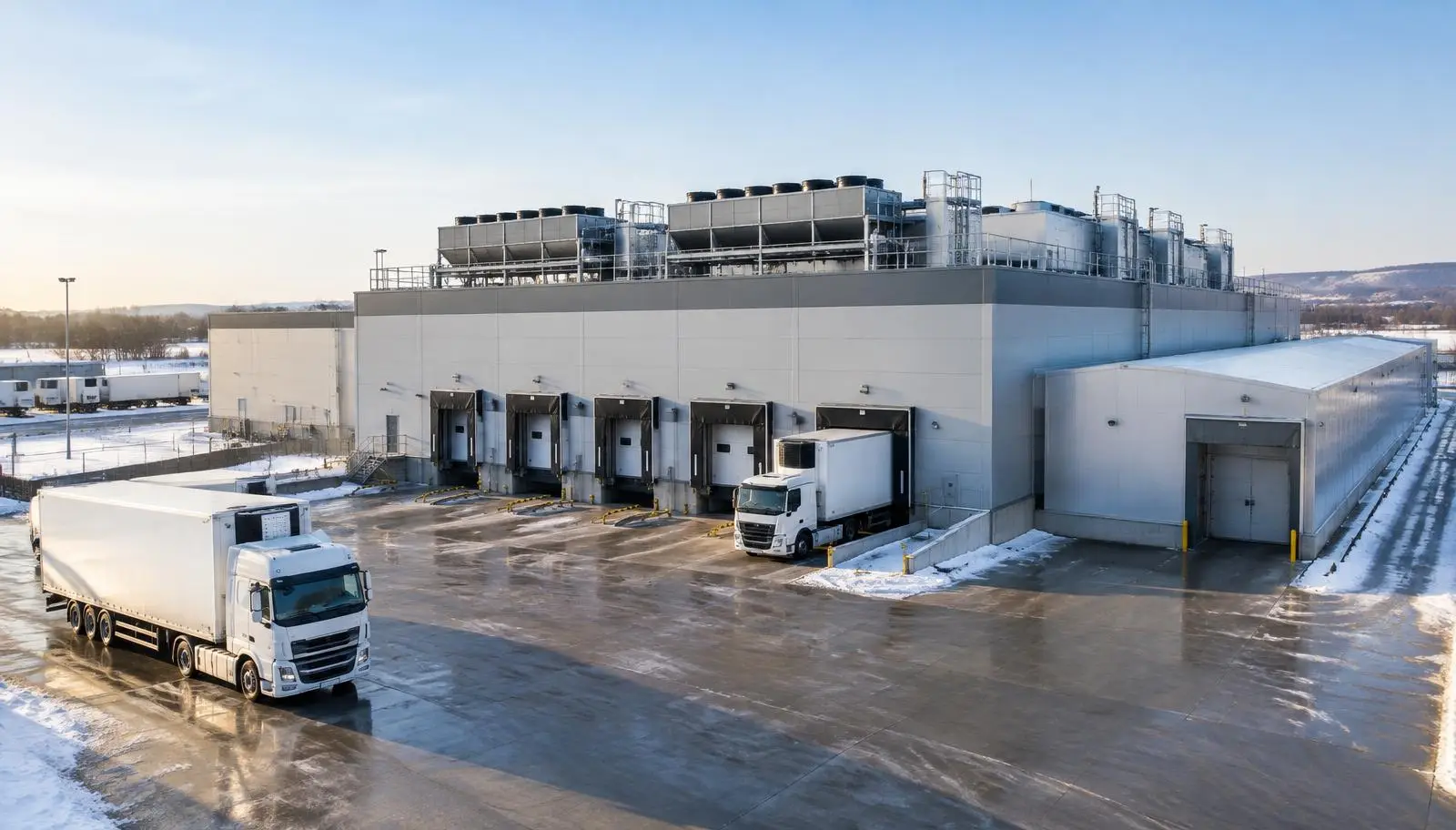 Industrial facility with multiple loading docks, trucks, and rooftop refrigeration units in winter.