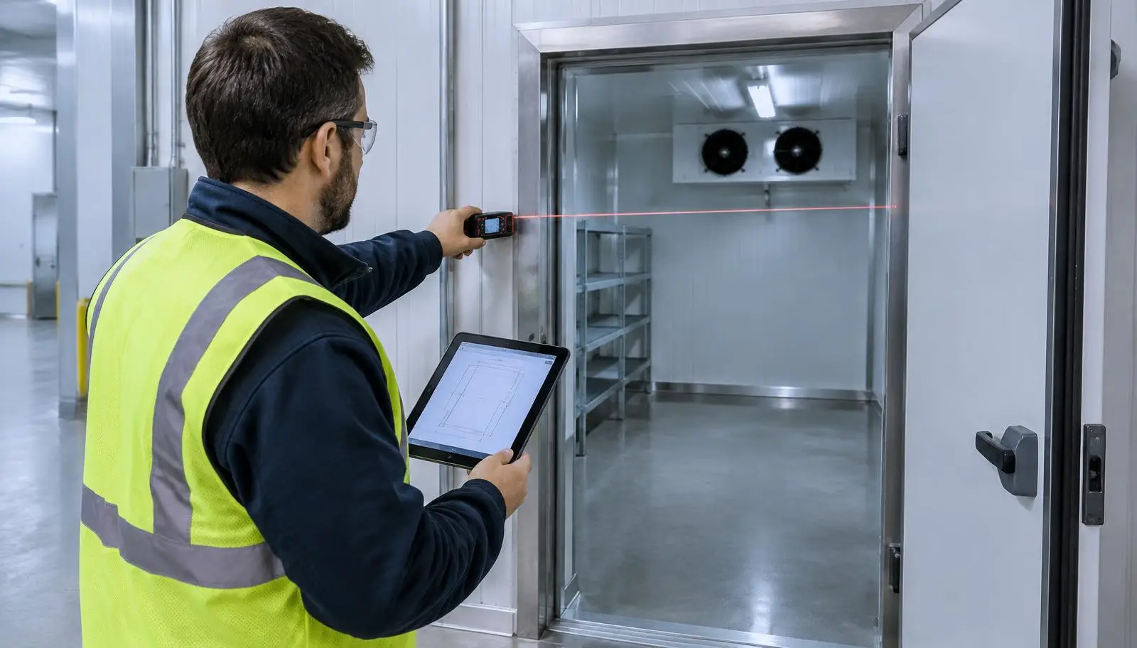 Consultant measuring cold room dimensions with a laser device and tablet.