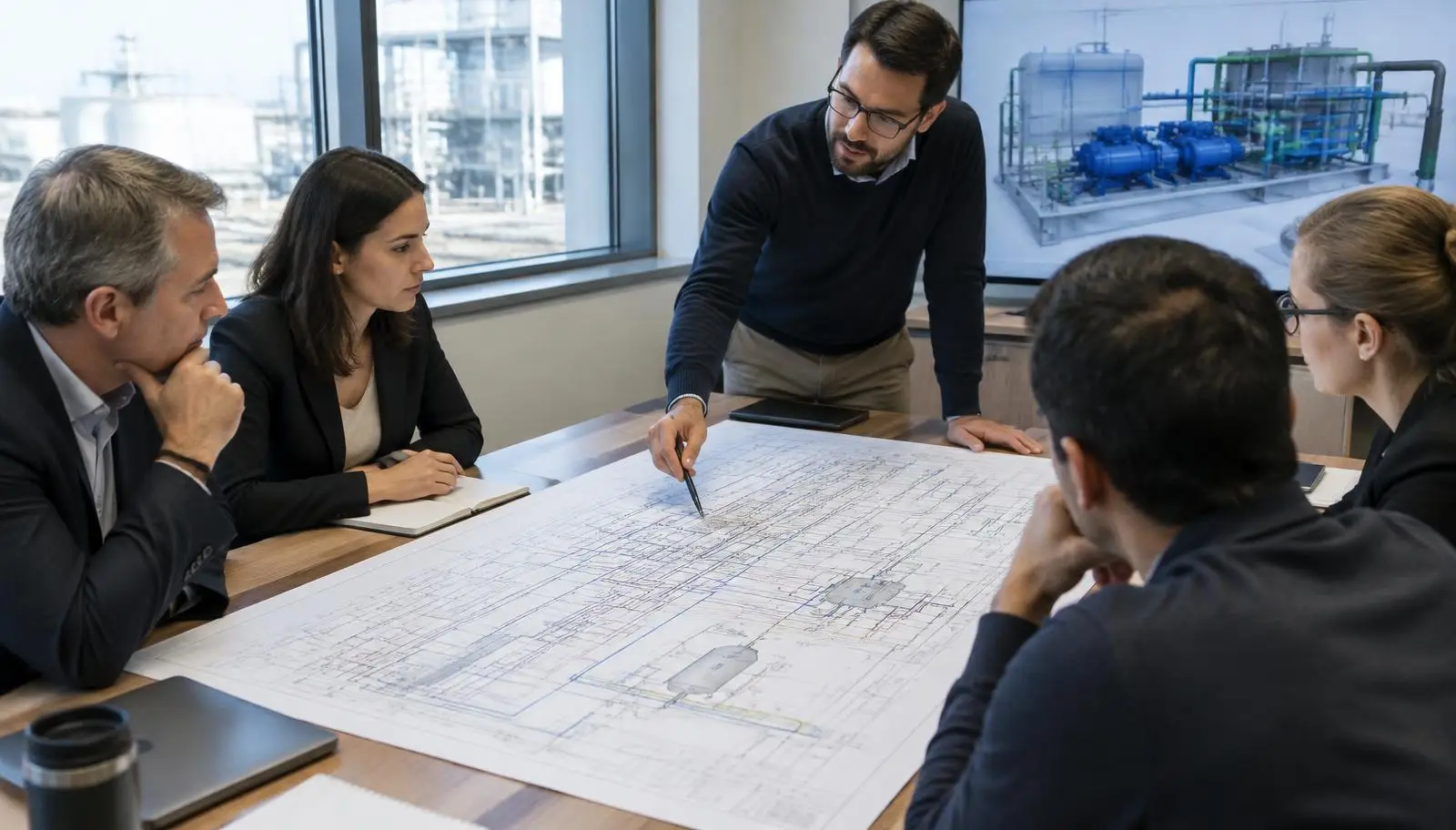 Five consultants discussing blueprints on a table, with an industrial 3D model on screen.