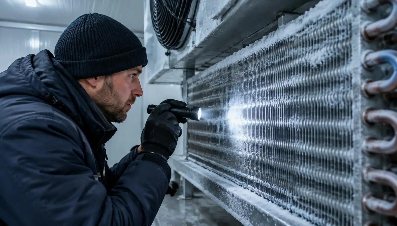 Man with flashlight inspecting frosted refrigeration coils in a cold room.