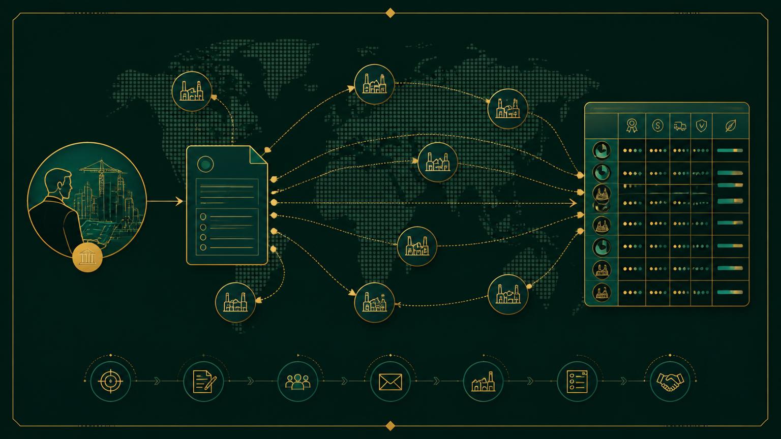 Diagram of a structured RFQ distributed to qualified manufacturers worldwide and returned as a comparison matrix