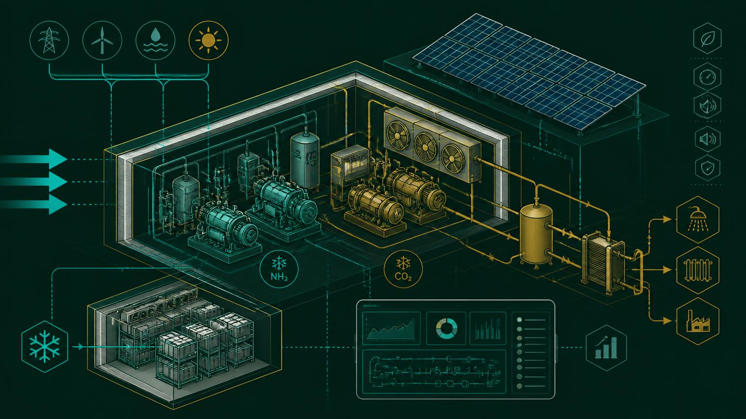 Technical diagram of an efficient industrial refrigeration plant with heat recovery, solar input and monitoring