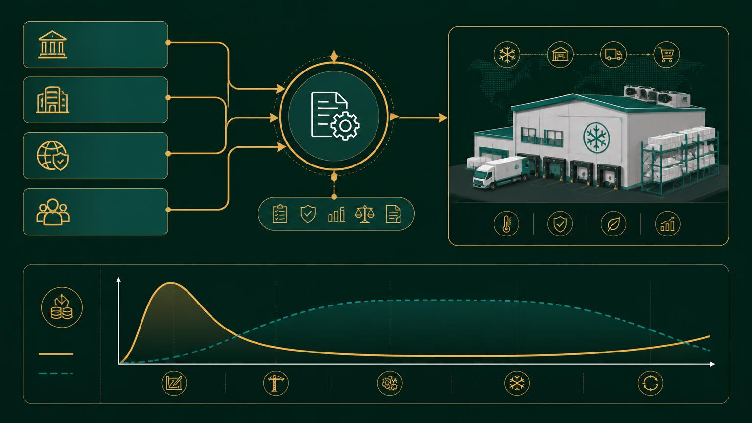Diagram of cold chain financing sources flowing through a structuring hub into a completed facility