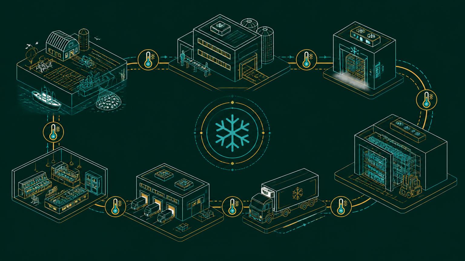 Ecosystem map of a food cold chain from harvest and processing through storage, transport and retail
