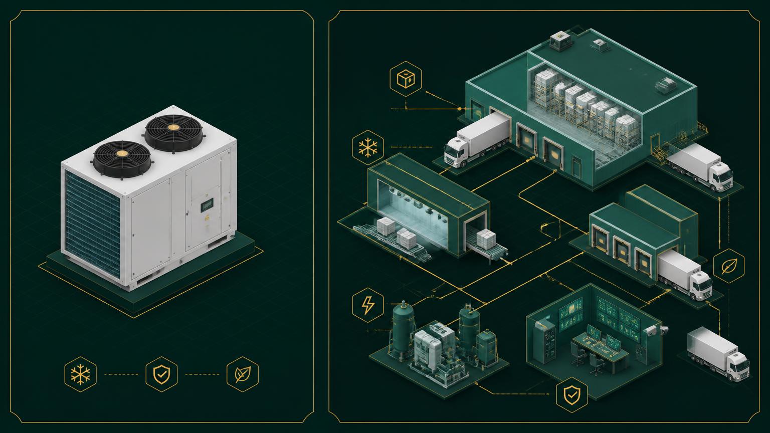 Diagram contrasting a single refrigeration unit with a complete cold chain infrastructure system