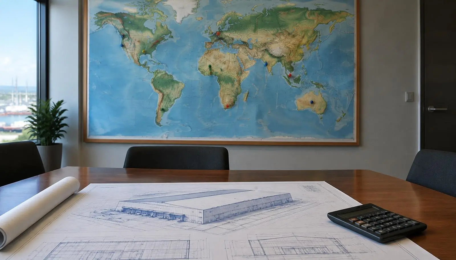 Blueprint of a building, calculator, and world map on a conference table.