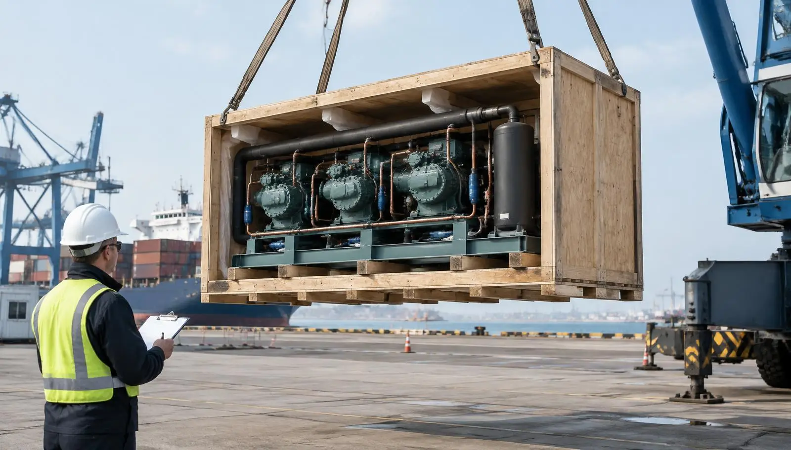 Worker observes a large refrigeration unit being lifted by a crane at a port.