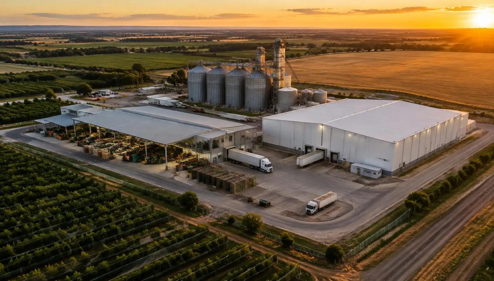 Aerial view of a large agricultural facility with warehouses, silos, and fields at sunset.