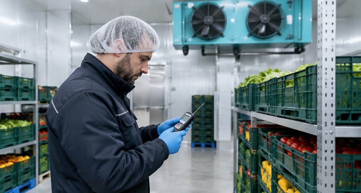 Technician checking a handheld temperature probe beside produce crates in a cold room