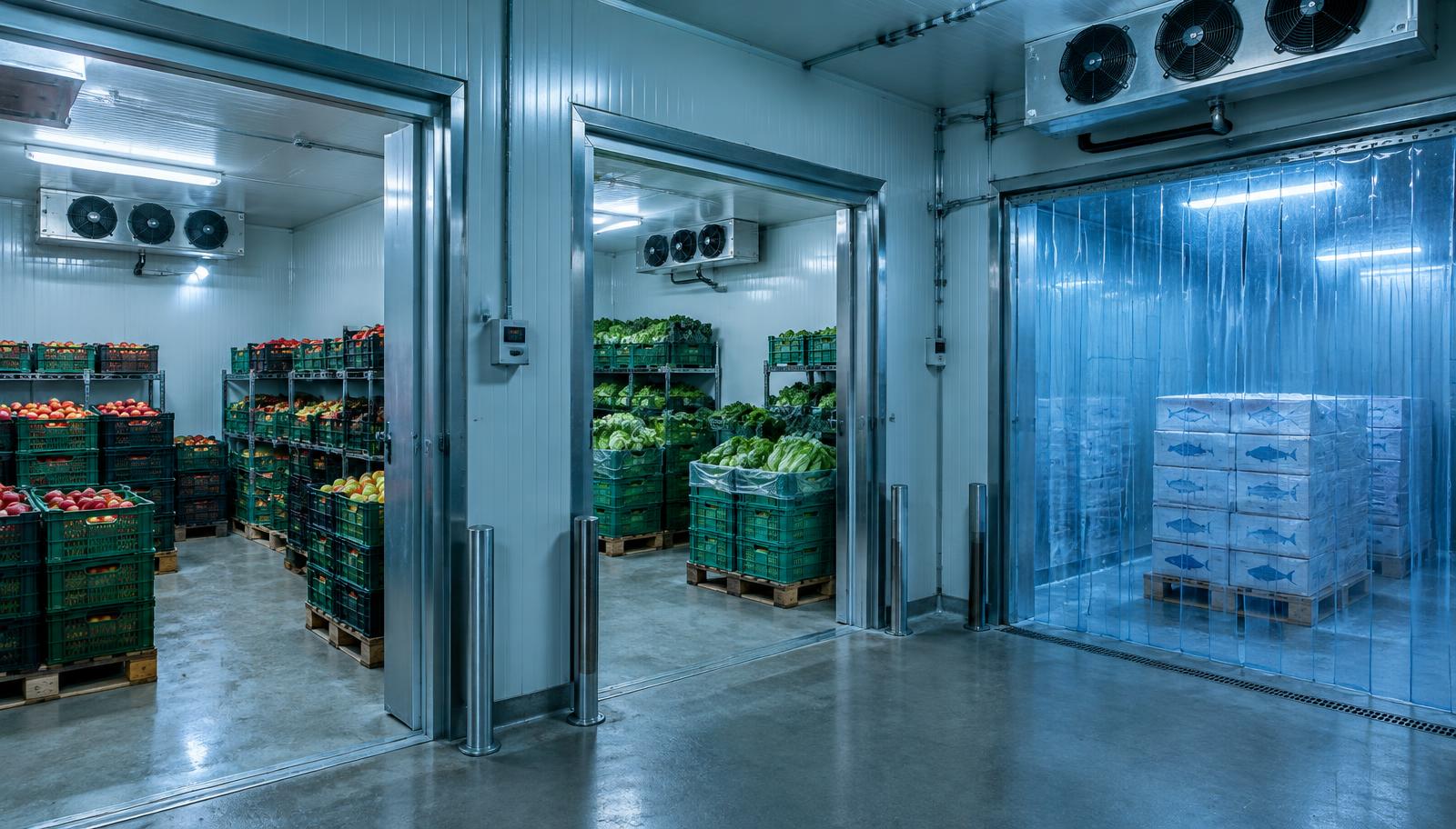 Industrial cold store with separate chilled rooms for apples and leafy vegetables and a frozen fish room behind a strip curtain