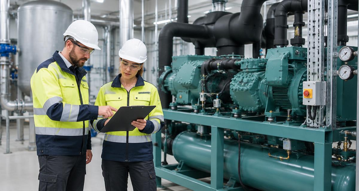 Two professionals reviewing a clipboard beside an industrial refrigeration compressor installation