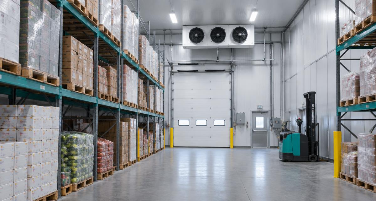 Pallet racks, clear aisle and ceiling evaporator inside an insulated cold-storage warehouse