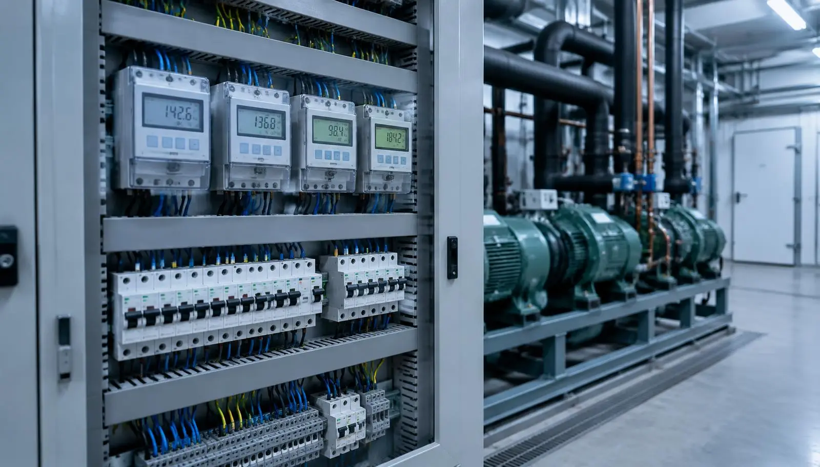 Electrical panel with meters and circuit breakers next to industrial pumps and pipes.