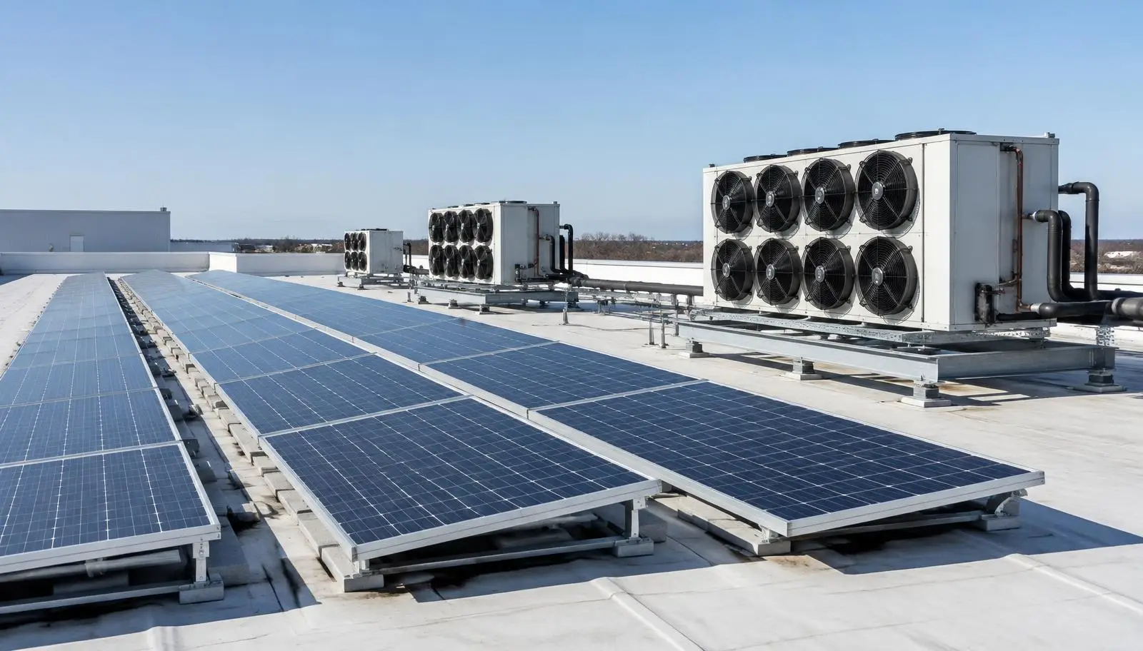 Solar panels and large refrigeration units on a white commercial rooftop under a blue sky.