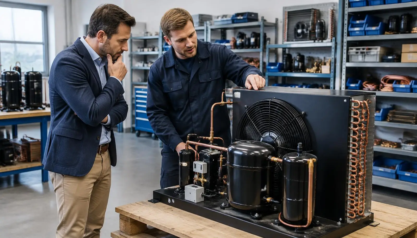 Two men discussing a refrigeration unit with exposed copper piping in a workshop.
