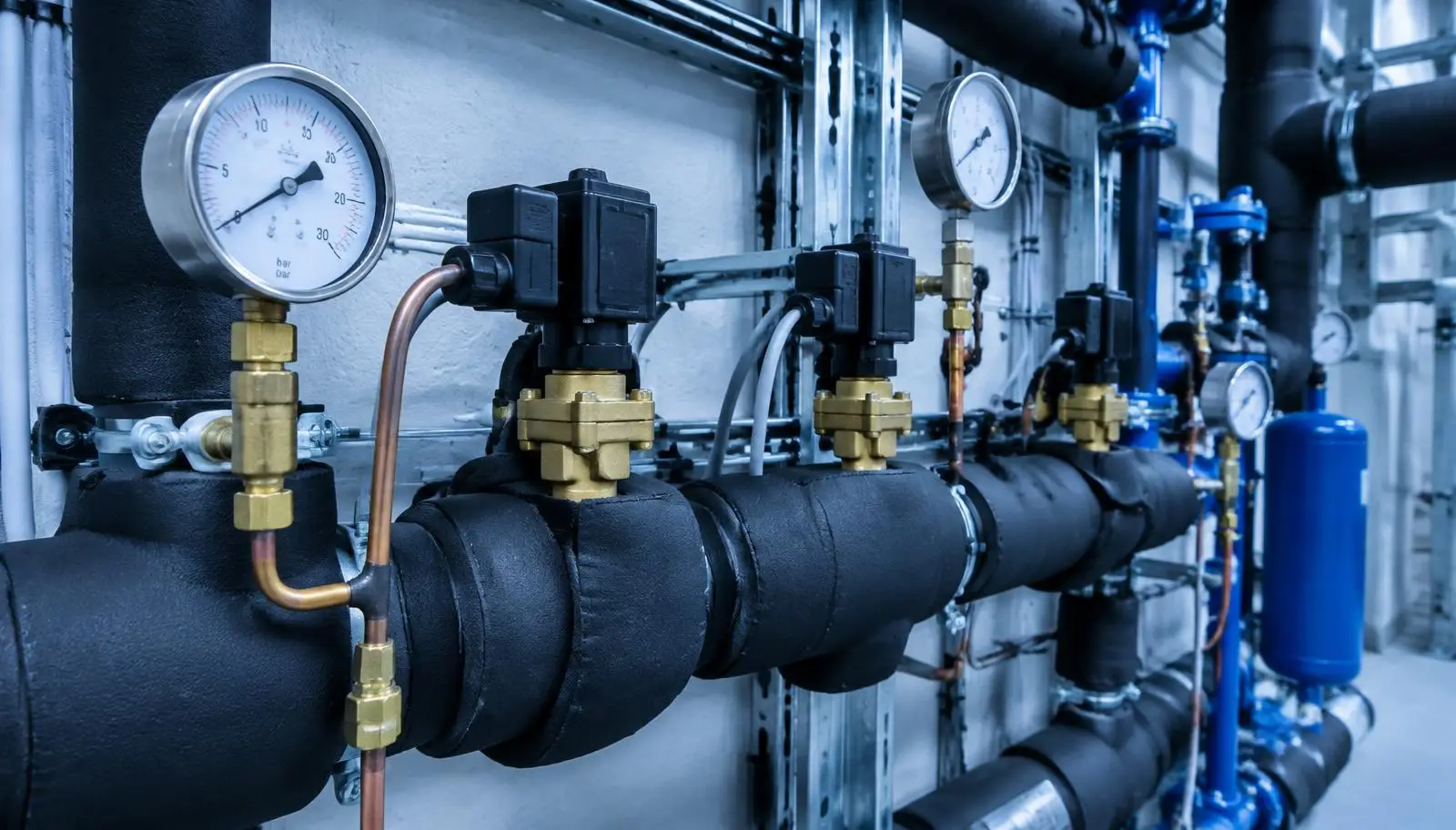 Insulated pipes, valves, and pressure gauges in an industrial setting.