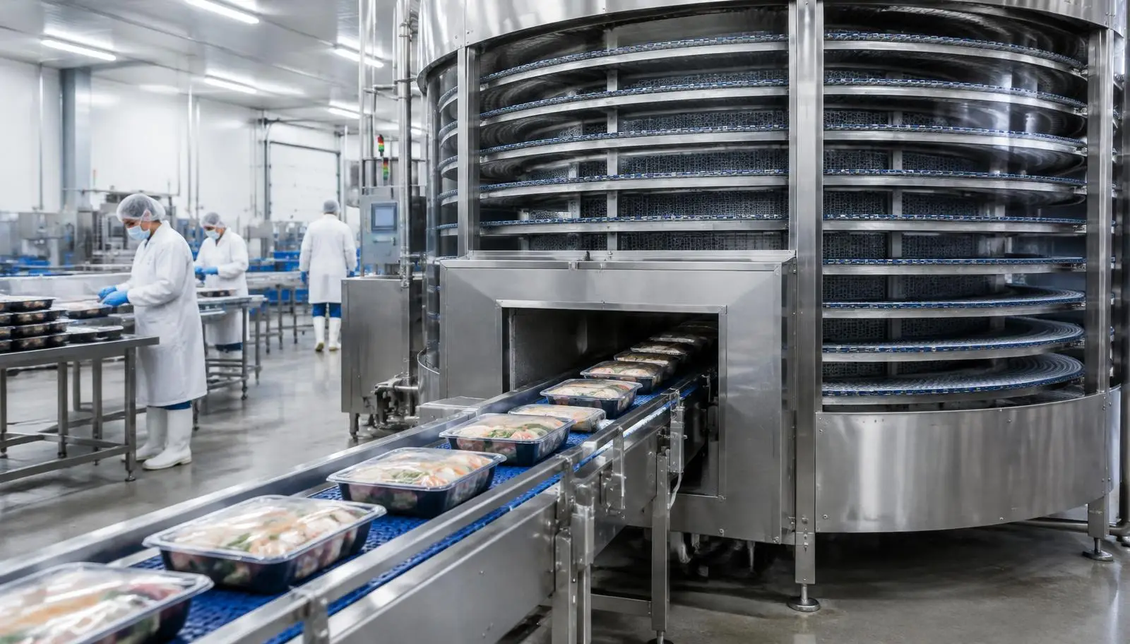 Workers and packaged food moving on a conveyor belt into a large spiral freezer.