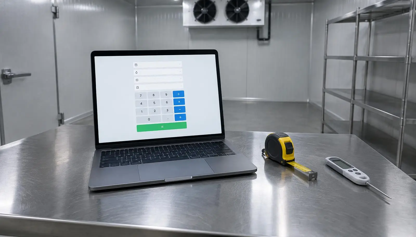 Laptop with calculator on steel table, tape measure, thermometer, and cold room interior.
