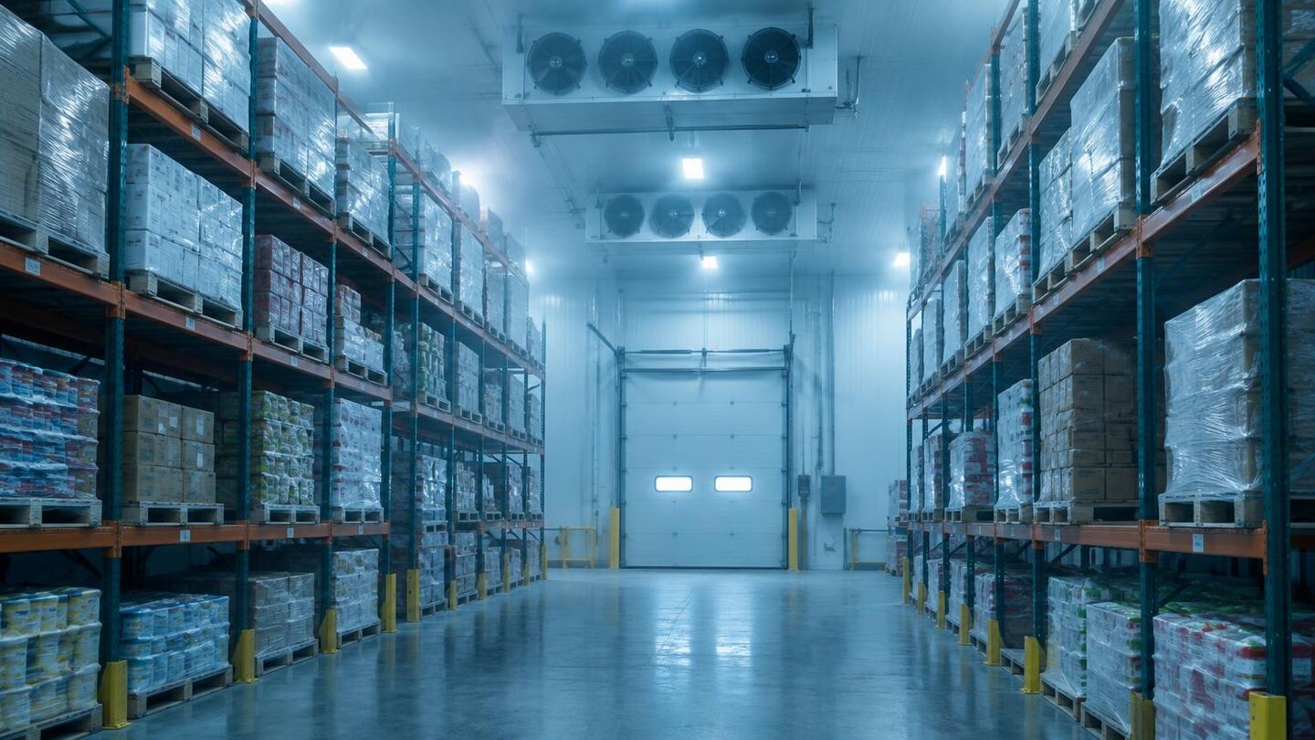 Industrial cold-storage warehouse aisle with racked food pallets, ceiling evaporators and an insulated loading door
