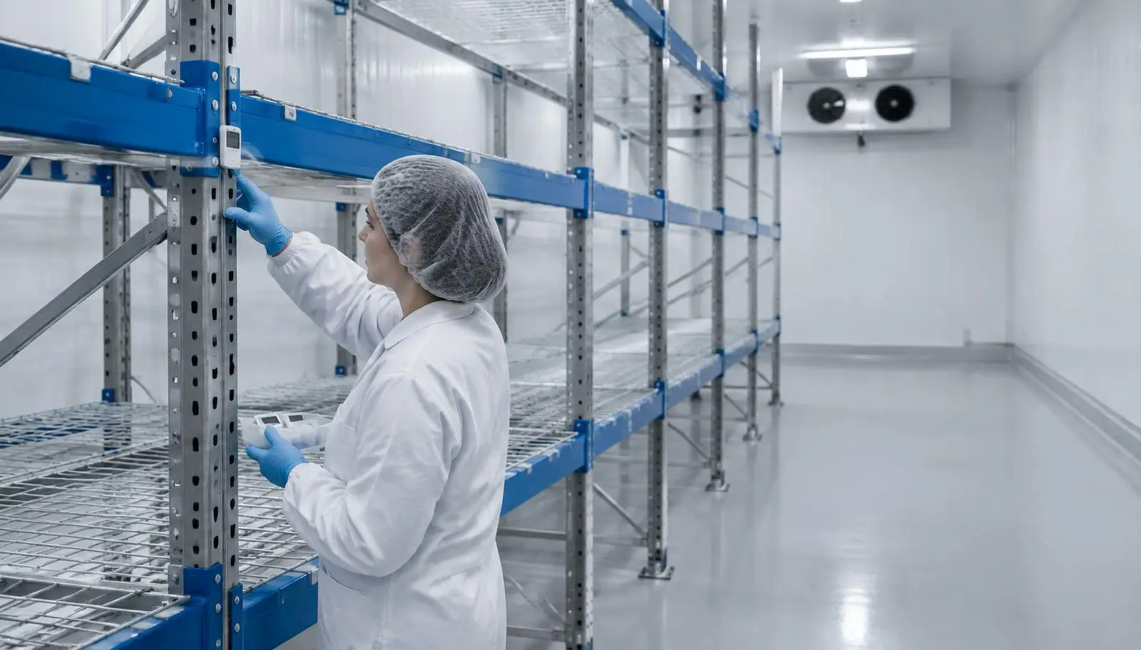 Person in lab coat and hairnet checking equipment on empty warehouse shelves.