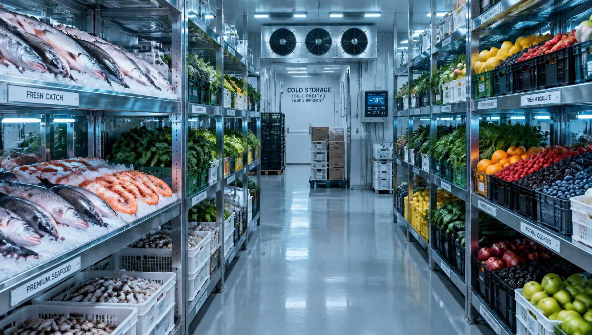 Almacén frigorífico industrial con verduras, frutas y pescado sobre hielo