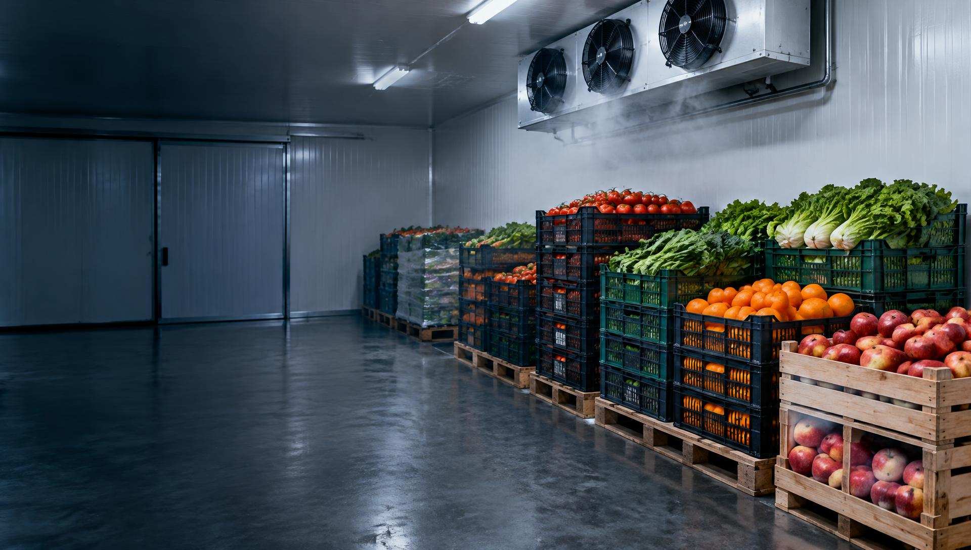 Cajas de frutas y verduras sobre palés en una cámara fría con evaporador en el techo
